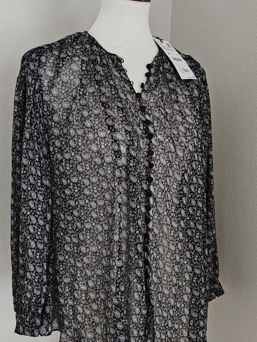 Zara Black and White Floral Sheer Button-Up Blouse
